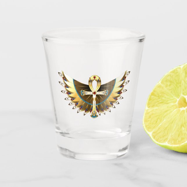 Gold Ankh with Wings Shot Glass (Front)