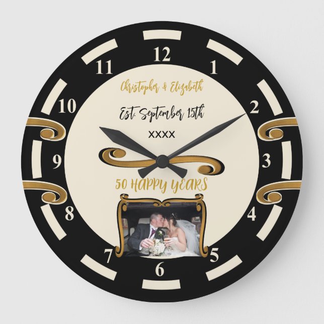 Gold Anniversary 50 years add names photo black Large Clock (Front)