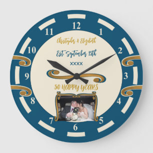 Gold Anniversary 50 years add names photo blue Large Clock