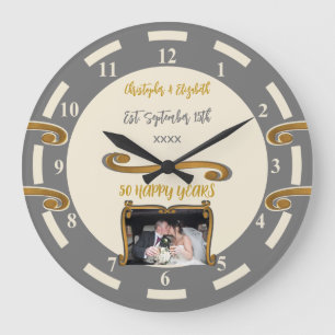 Gold Anniversary 50 years add names photo grey Large Clock