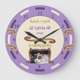 Gold Anniversary 50 years add names photo purple Large Clock