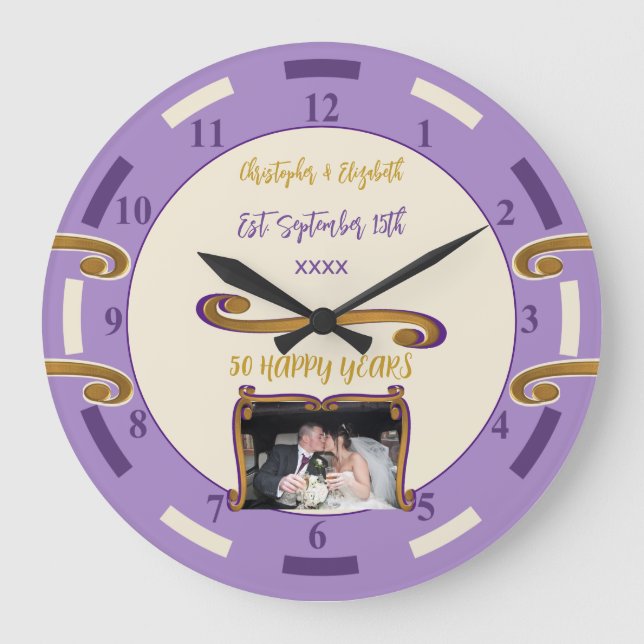 Gold Anniversary 50 years add names photo purple Large Clock (Front)
