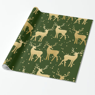 Gold Antler Reindeer Elegant Green   Polka Dots Wrapping Paper