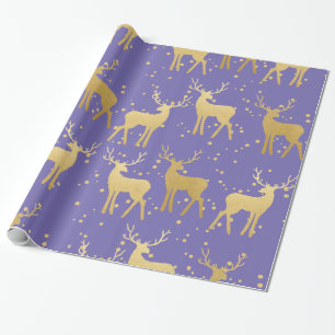 Gold Antler Reindeer Elegant Periwinkle Polka Dots Wrapping Paper