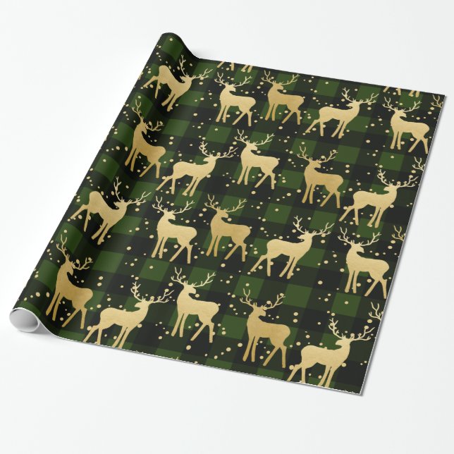 Gold Antler Reindeer Green | Buffalo Plaid Pattern Wrapping Paper (Unrolled)