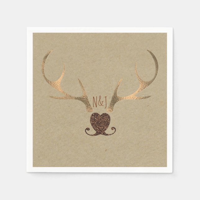 Gold Antlers & Brown Paper Rustic Wedding Napkin (Front)