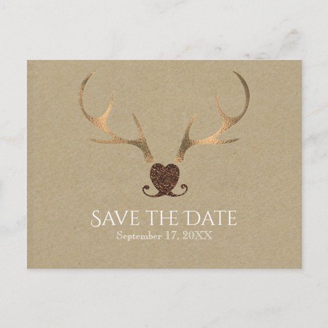 Gold Antlers & Brown Paper Save The Date Announcement Postcard (Front)