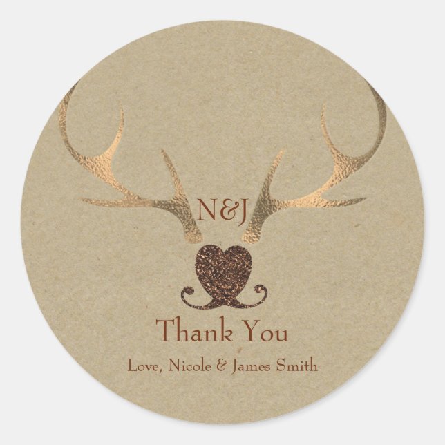 Gold Antlers & Brown Paper Wedding Favour Classic Round Sticker (Front)
