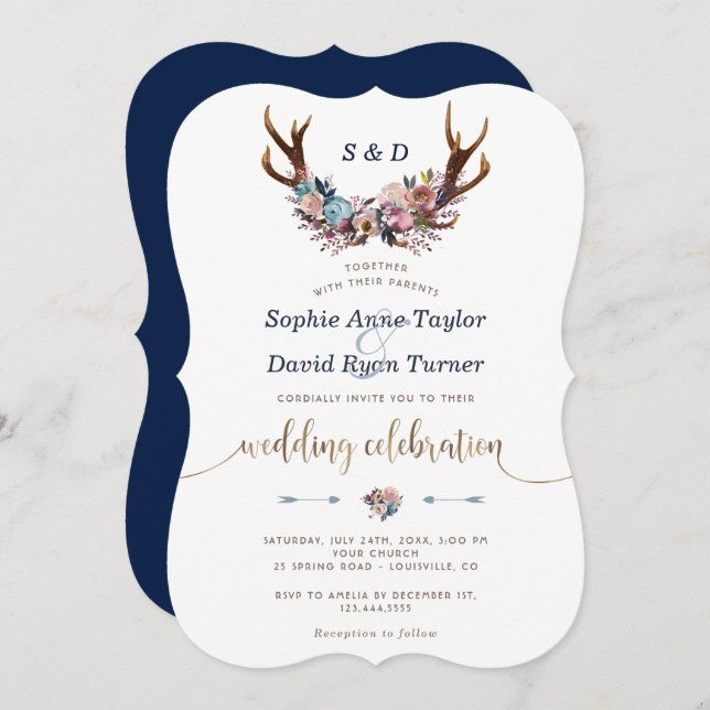 Gold Antlers Dusty Blue Floral Wedding Invite (Front/Back)