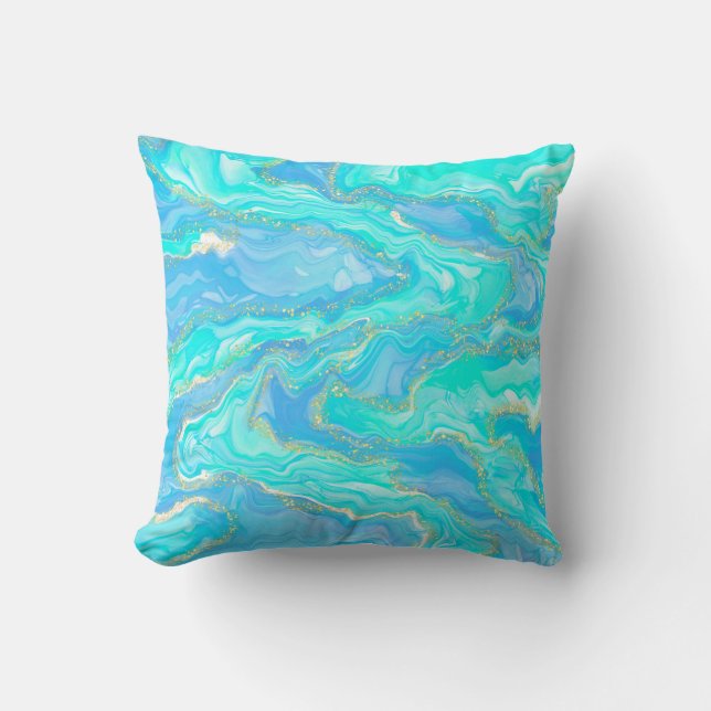 Gold, Aqua and Blue Abstract Cushion (Front)