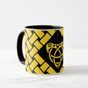 Gold/aqua/black bands/weave, Celtic heart knot Mug