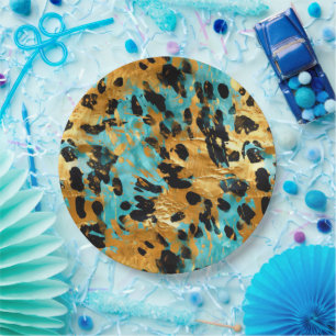 Gold Aqua Black Leopard Animal Paper Plate