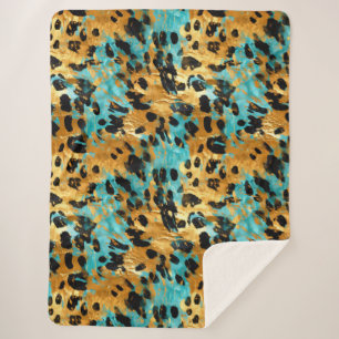 Gold Aqua Black Leopard Animal Sherpa Blanket