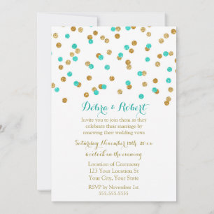 Gold Aqua Blue Confetti Vow Renewal Invitation