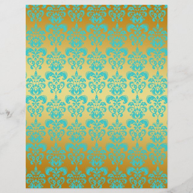 Gold, Aqua Blue Damask Pattern 2 (Front)