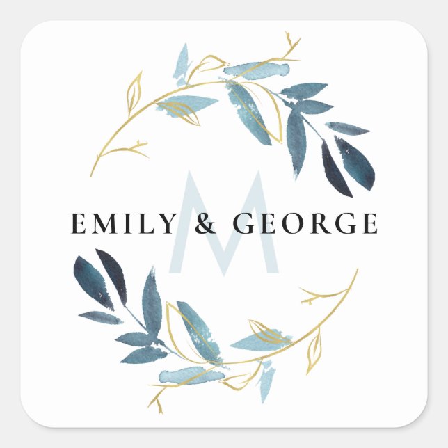 GOLD AQUA BLUE FOLIAGE MONOGRAM WREATH WEDDING SQUARE STICKER (Front)