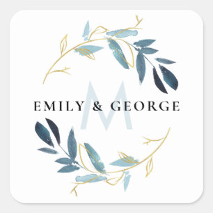 GOLD AQUA BLUE FOLIAGE MONOGRAM WREATH WEDDING SQUARE STICKER