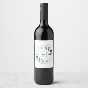 GOLD AQUA BLUE FOLIAGE WATERCOLOR WREATH MONOGRAM WINE LABEL