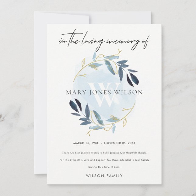 GOLD AQUA BLUE FOLIAGE WREATH SYMPATHY MEMORIAL THANK YOU CARD (Front)