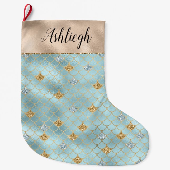 Gold Aqua Blue Glitter Mermaid Sparkle Large Christmas Stocking (Front)