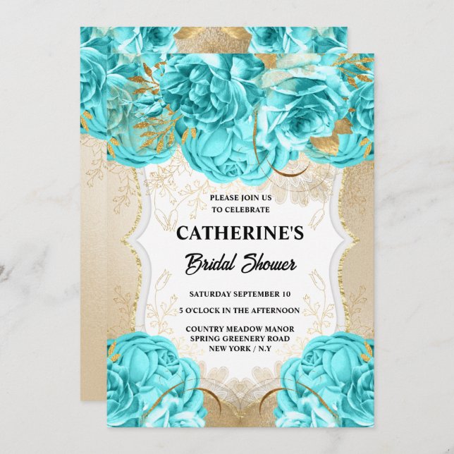 Gold aqua blue rose watercolor bridal shower chic invitation (Front/Back)