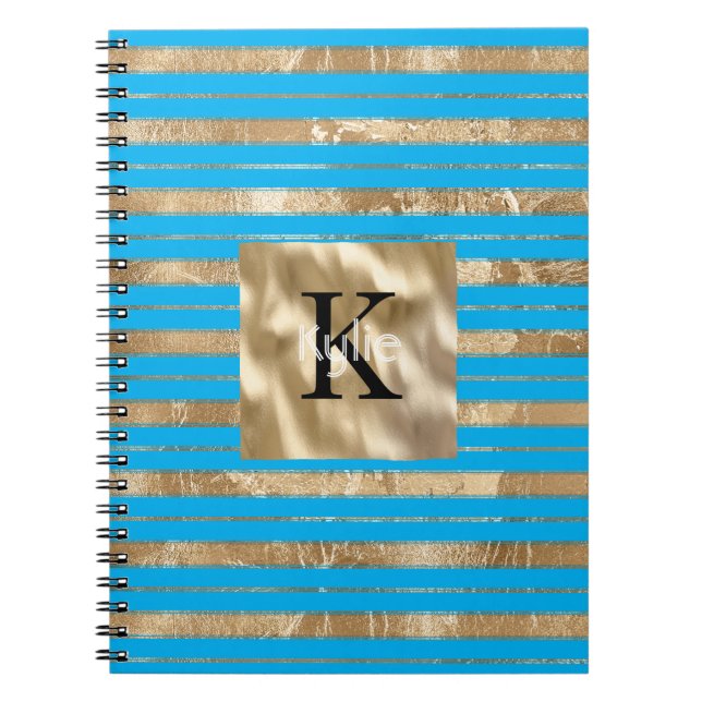 Gold Aqua Blue Stripes Monogram Name Notebook (Front)