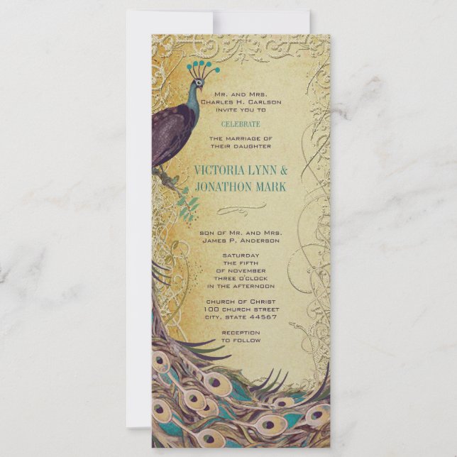 Gold Aqua Eggplant Art Nouveau Peacock Wedding Invitation (Front)