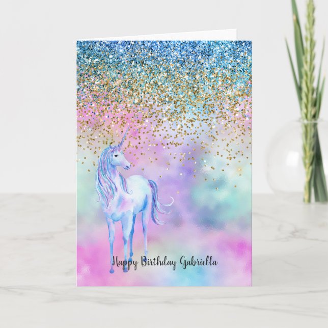Gold Aqua Glitter Purple White Unicorn Sparkle  Card (Front)