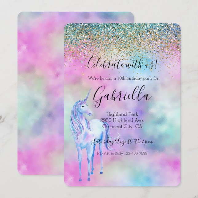 Gold Aqua Glitter Purple White Unicorn Sparkle Invitation (Front/Back)