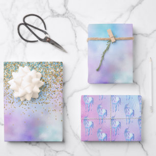 Gold Aqua Glitter Purple White Unicorn Sparkle   Wrapping Paper Sheet