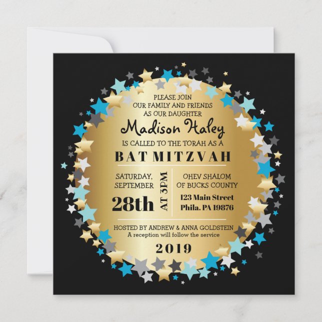 GOLD Aqua Gold Stars Bar Bat Mitzvah Invitation (Front)