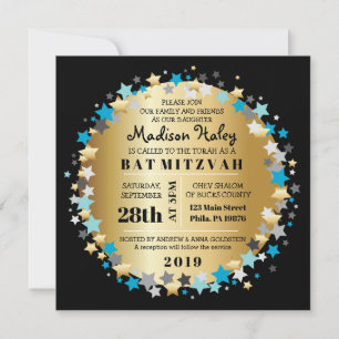 GOLD Aqua Gold Stars Bar Bat Mitzvah Invitation