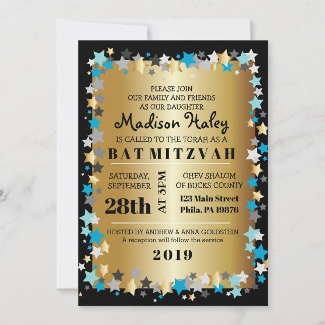 GOLD Aqua Gold Stars Bar Bat Mitzvah Invitation (Front)