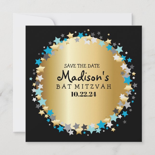 GOLD Aqua Gold Stars Bar Bat Mitzvah Save the Date (Front)