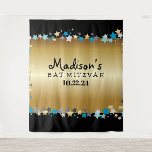 GOLD Aqua Gold Stars Bat Mitzvah Photo Op Backdrop Tapestry