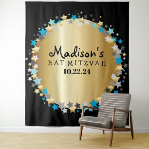 GOLD Aqua Gold Stars Bat Mitzvah Photo Op Backdrop Tapestry