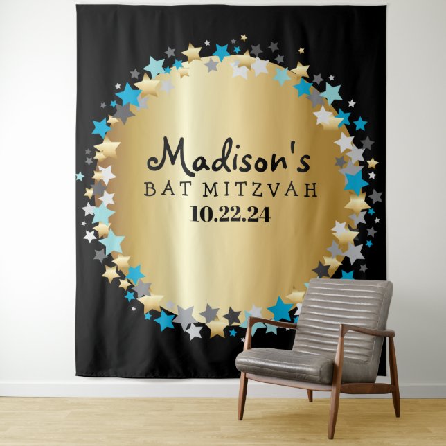 GOLD Aqua Gold Stars Bat Mitzvah Photo Op Backdrop Tapestry (In Situ)