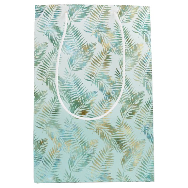 Gold Aqua Green Tropical Leaves Medium Gift Bag (Front)