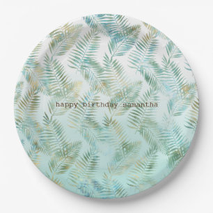 Gold Aqua Green Tropical Leaves Paper Plate