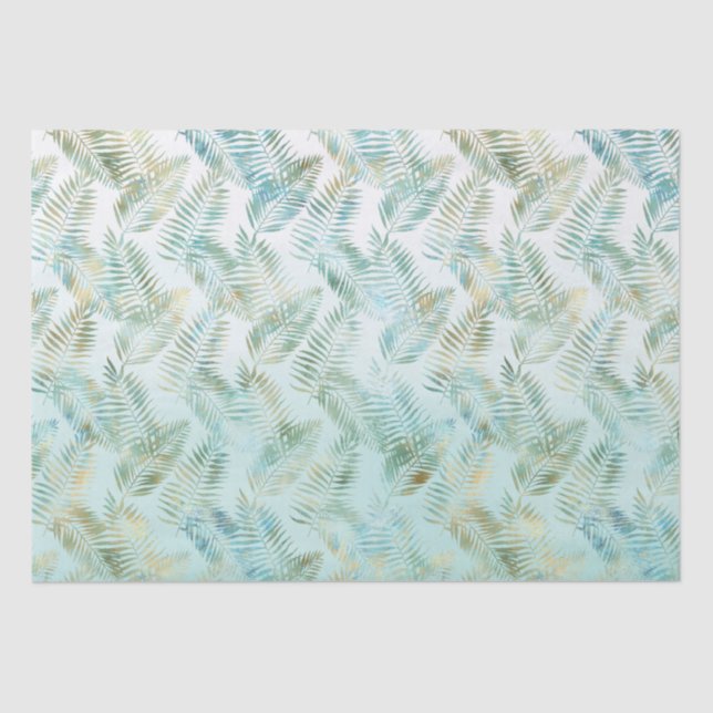Gold Aqua Green Tropical Leaves Tissue Paper (Front)