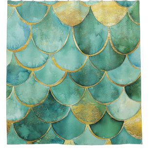 Gold Aqua Mermaid Scale Watercolor Pattern Shower Curtain