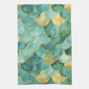 Gold Aqua Mermaid Scale Watercolor Pattern Tea Towel