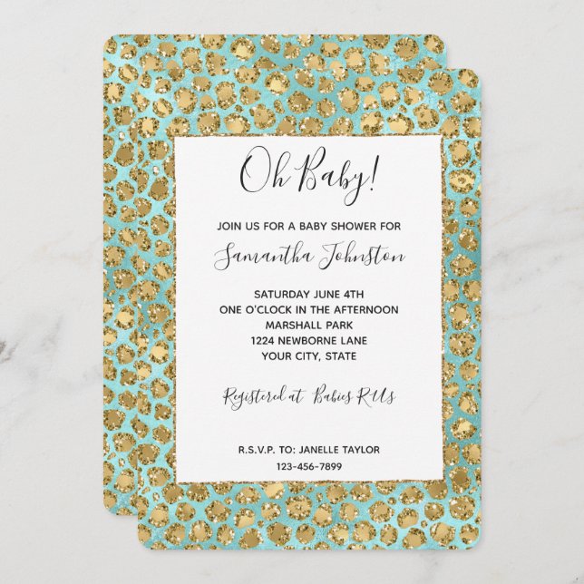 Gold Aqua Mint Glitz Glitter Leopard Invitation (Front/Back)