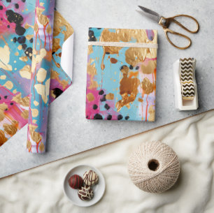 Gold Aqua Pink Abstract Leopard Wrapping Paper