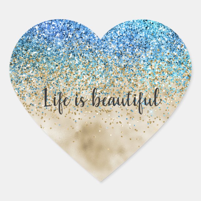 Gold Aqua Purple Glitter Sparkle Heart Sticker (Front)