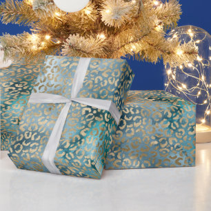 Gold Aqua Teal Blue Leopard Print Wrapping Paper
