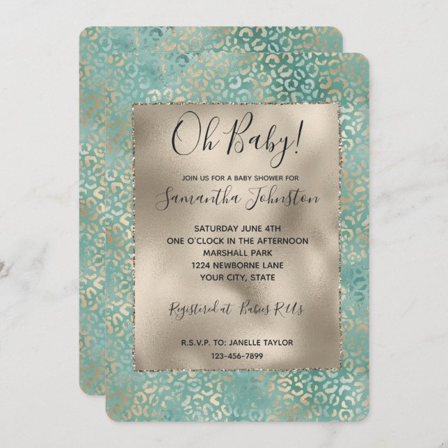 Gold Aqua Teal Turquoise Glam Leopard Print Invitation (Front/Back)