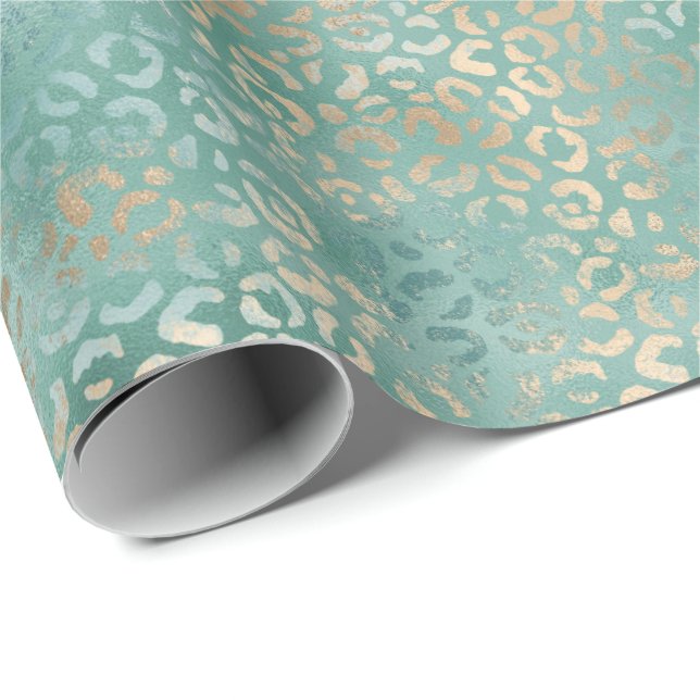 Gold Aqua Teal Turquoise Glam Leopard Print Wrapping Paper (Roll Corner)
