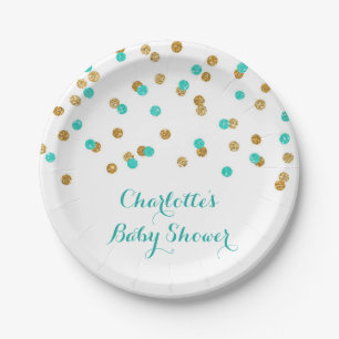 Gold Aqua Turquoise Confetti Baby Shower Plate