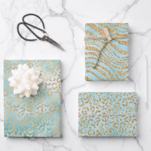 Gold Aqua White Ombre Zebra Leopard    Wrapping Paper Sheet